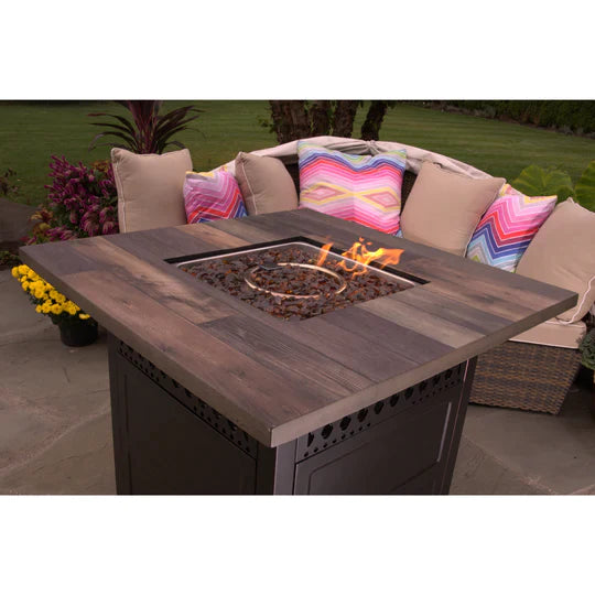 MR. BAR-B-Q The Harris. Dual Heat LP Gas Outdoor Fire Pit/Patio Heater with Wood Look Resin Mantel