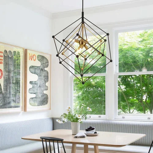 Geometric Chandelier 6-Light Pendant Lights Fixture, Cube Lantern Hanging Ceiling Light, Modern Minimalist Black And Gold Metal Finish For Fore Living Dining Room Entryway Kitchen Island